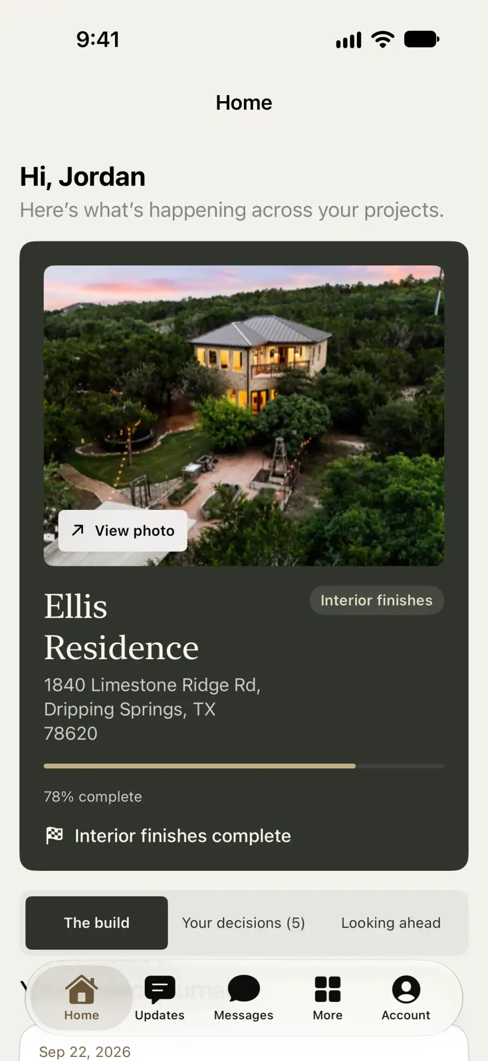 Ridge Rock Builders app home screen for a sample project, showing progress, the next milestone, and items that need attention