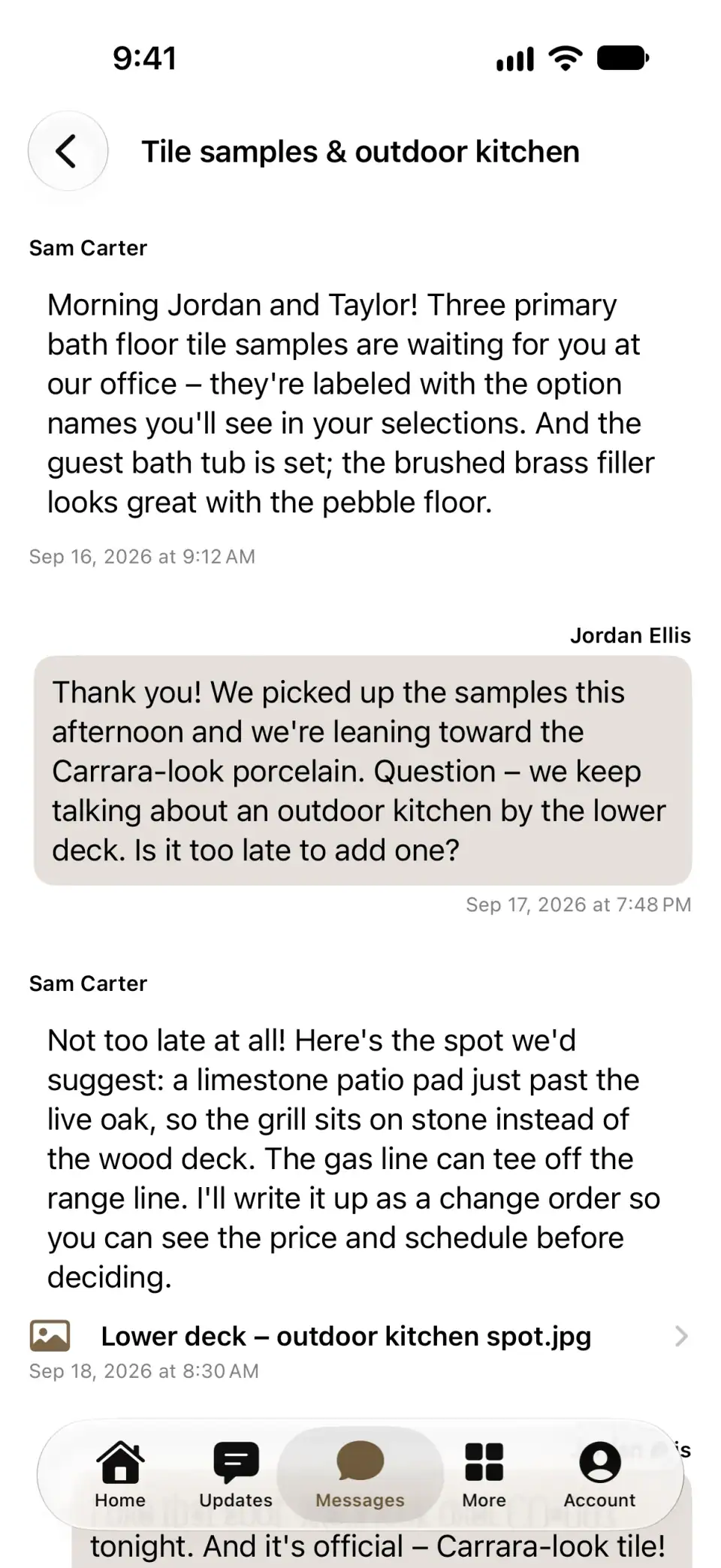 A conversation with the project team in the Ridge Rock Builders app