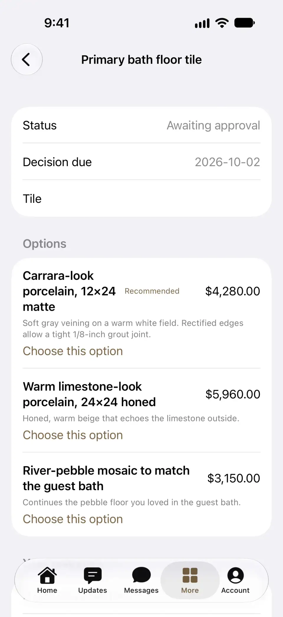 Selection options with pricing ready to review and approve in the Ridge Rock Builders app