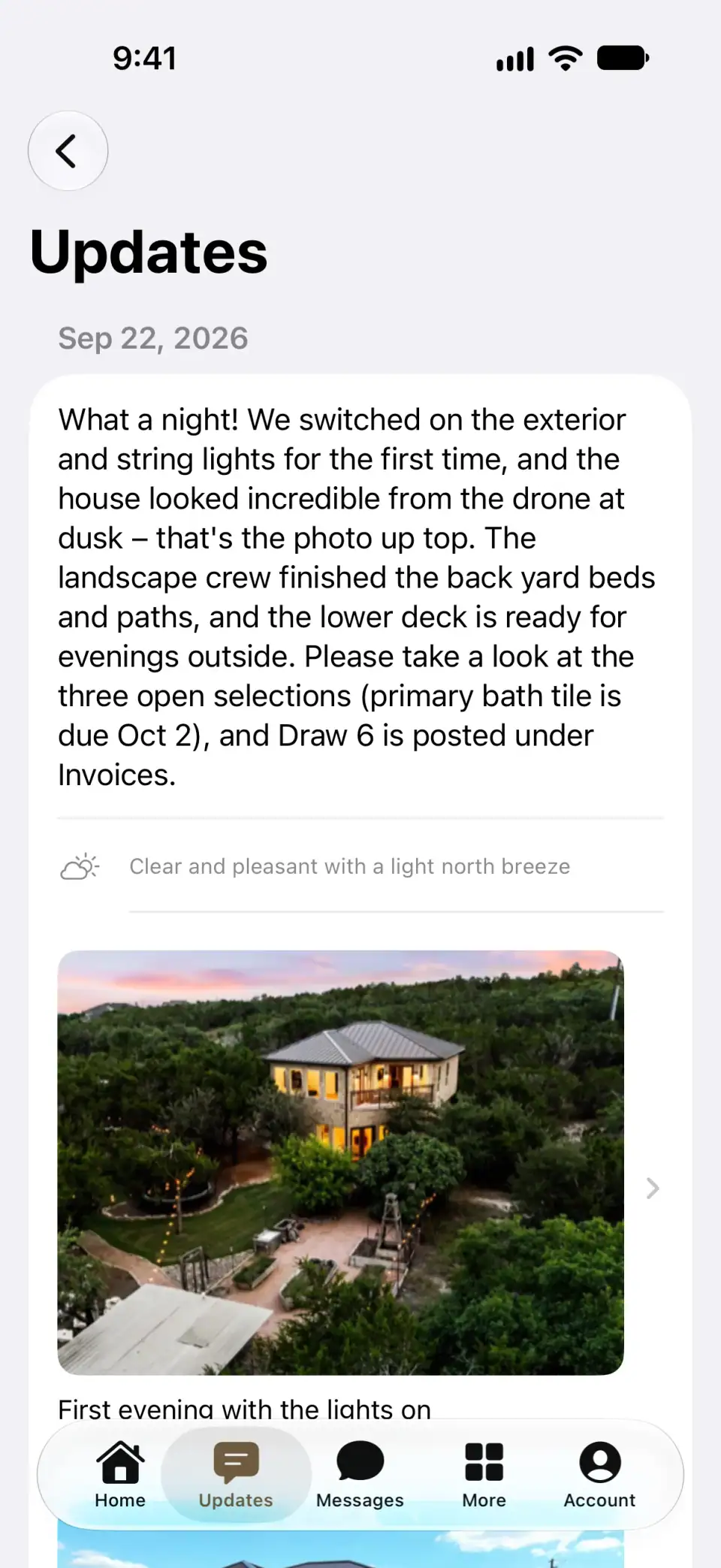 Progress updates in the Ridge Rock Builders app, with a plain-language note and jobsite photo from the project team