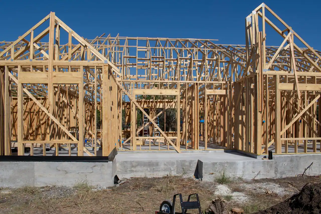 Wall and roof framing on a new Ridge Rock custom home in Dripping Springs