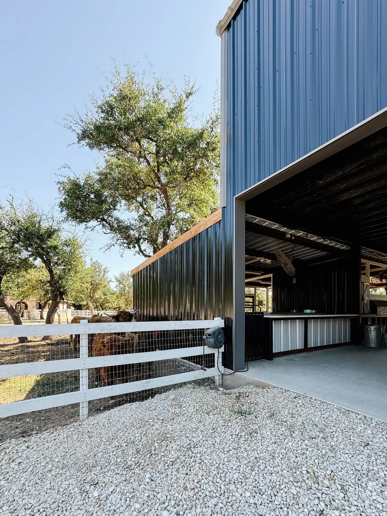 Black metal livestock barn with white pipe fencing