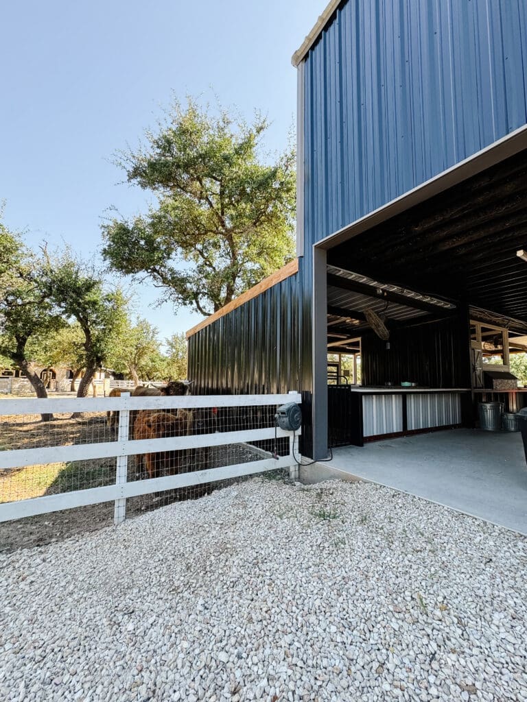 Black metal livestock barn with white pipe fencing