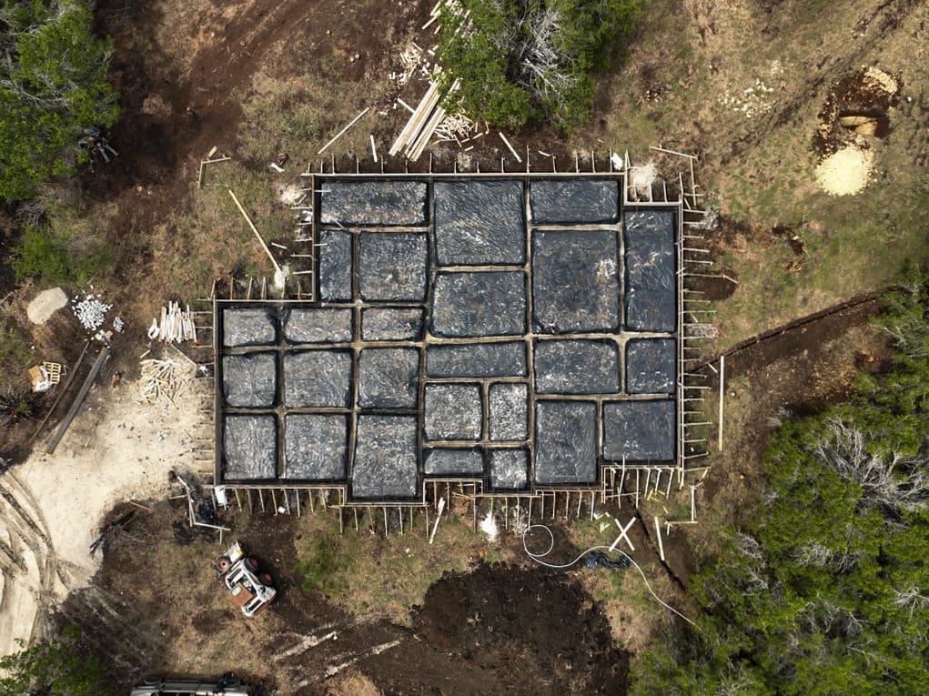 Aerial view of foundation beam layout formed and ready for concrete